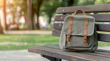 Stylish Green Backpack with Leather Straps Resting on a Wooden Bench in a Park on a Sunny Day Surrounded by Lush Trees and Grass