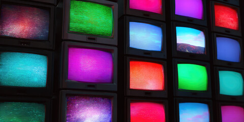 Multiple vintage televisions are stacked together with colorful static screens. Retro technology, vibrant display, colorful nostalgia, visual noise, vintage aesthetic