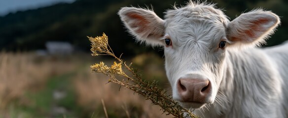 Fototapeta premium Close-up of a curious white calf in a field