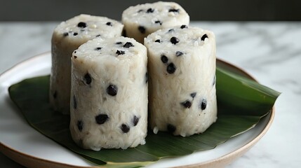 Thai sticky rice with black beans wrapped in banana leaf, ready to steam