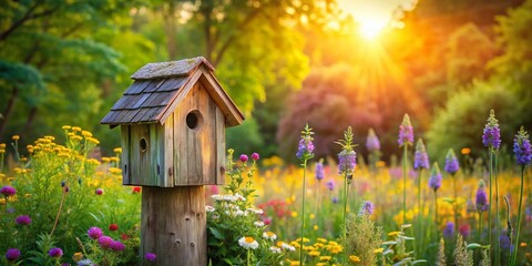 Serene Birdhouse: Wooden Birdhouse on Post Inviting Birds in Daylight