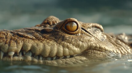 Obraz premium Close-up on the Eye of a Crocodile Emerging from Water in a Natural Habitat with Textures and Details on Scale and Skin