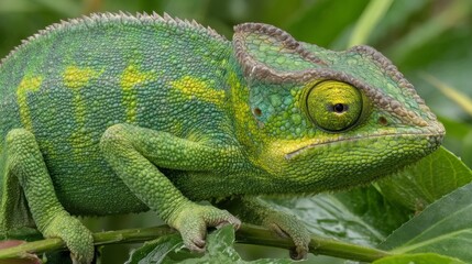 Obraz premium Vibrant Green Chameleon Camouflaged on Leaf with Intricate Skin Texture and Unique Features in Natural Habitat