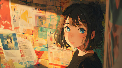 A cute anime girl with Chibi Girl And big blue eyes