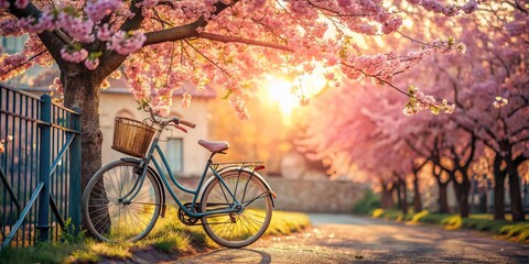 Fototapeta premium Serene Spring Bicycle Stand Under Cherry Blossoms - Urban Exploration Photography