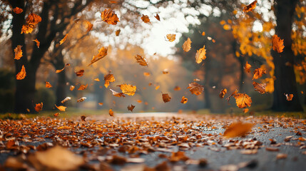 Vibrant autumn leaves are dynamically falling, creating a beautiful natural moment on a road lined with trees du a colorful fall season experience.