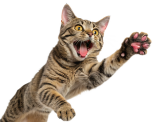 A tabby cat with mouth open and paw extended, against a isolated on transparent background, Generative ai., looking upwards and alert