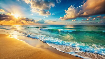 Serene Teal Ocean Waves Gently Rolling Onto Sandy Shore - Calm Seascape Stock Photo