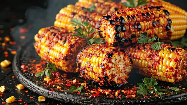 close up corn grilled on a dark background, Elote, Grilled Mexican Street Corn. Mexican traditional food concept.