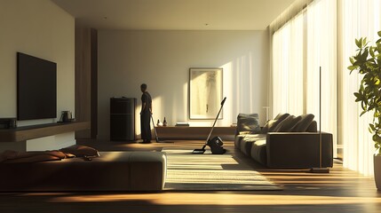 Man vacuuming living room modern interior design home cleaning service domestic chores house keeping routine