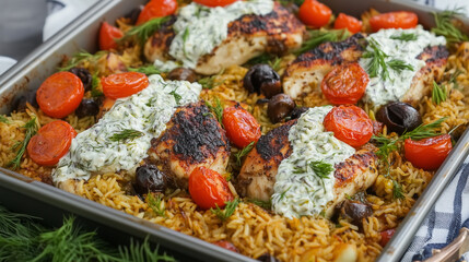Dump-and-Bake Chicken Tzatziki with Rice Recipe