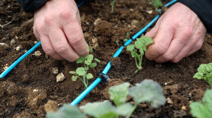 Hands Planting Young Seedlings in a Garden Bed with Drip Irrigation System for Optimal Growth and Water Efficiency