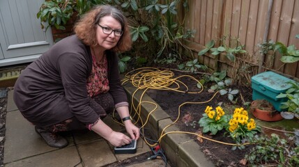 Woman Working with Electric Device in Garden with Flowers and Extension Cords on Paved Pathway