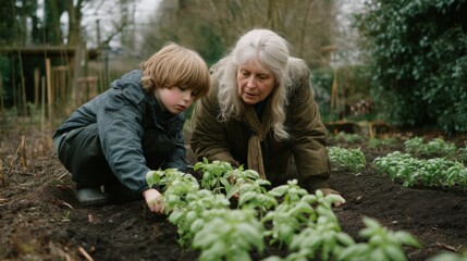 Grandmother and Grandson Planting Fresh Herbs Together in a Lush Garden Setting on a Calm Day in Late Spring