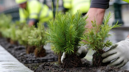 Environmental Conservation Efforts with Workers Planting Green Seedlings in Urban Area for Sustainable Development and Greener Future