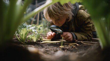 Child Exploring Soil with Magnifying Glass in a Garden Setting During Daylight, Curiosity and Learning in Nature