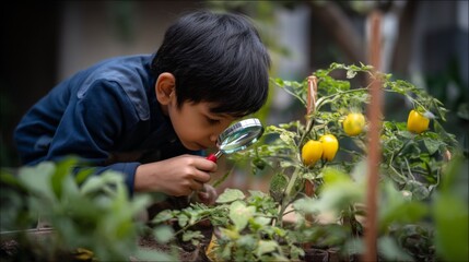 Curious Child Examining Plants with Magnifying Glass in a Garden Setting Full of Fresh Vegetables and Greenery