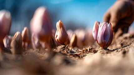 Close-Up of Delicate Pink Tulips Emerging from Earth in Springtime Garden with Blurred Background and Clear Blue Sky Above
