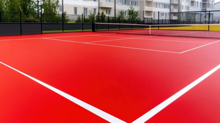 Obraz premium Vibrant Red Tennis Court with Modern Urban Background