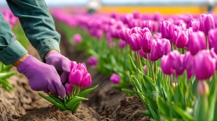 Vibrant Tulip Garden with Hands Cutting Fresh Pink Blooms in Spring Season