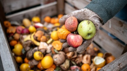 Hand Holding Fresh Apples and Oranges Over a Crate of Mixed Fruits and Decomposing Produce in a Rustic Setting