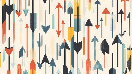 Abstract pattern of colorful arrows on a light background.