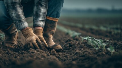 Farmer Working Soil in a Field, Preparing Ground for Planting with Hands Close to Young Plants in the Afternoon Light