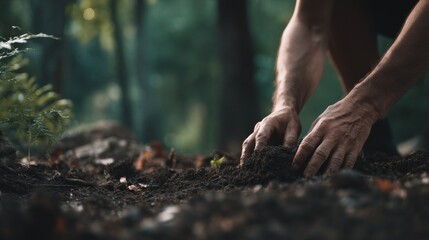 Hands Working Soil in Forest Setting for Sustainable Agriculture and Gardening Practice