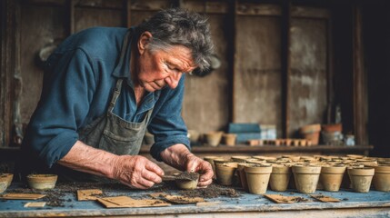 Senior man focused on pottery craft in workshop, shaping clay pots with care and precision for gardening enthusiasts and artists