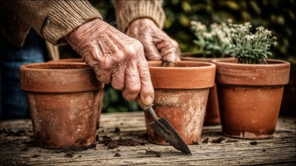 Person Using Trowel to Plant Flowers in Terracotta Pots on Rustic Table Outdoors in Natural Light