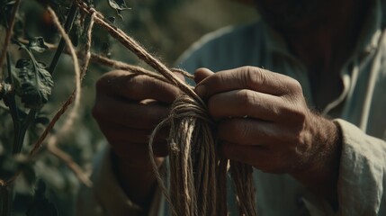 Hands Tying Twine to Support Growing Plants in a Garden During Sunrise for Sustainable Agriculture Practices and Farm Life