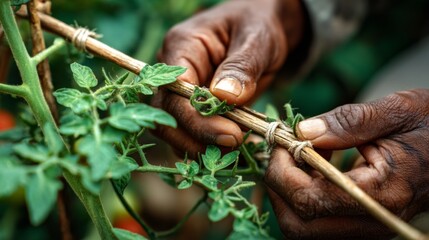 Hands Tying Tomato Plants to Support Bamboos for Healthy Growth in a Vibrant Garden Setting