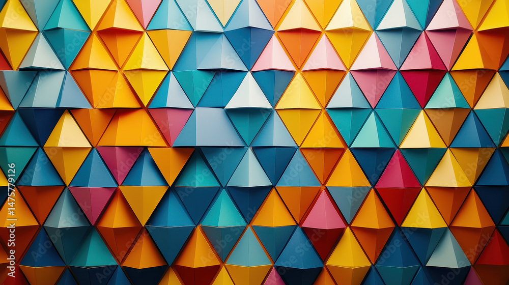 Poster a vibrant geometric pattern showcases colorful paper cutouts arranged in a triangular mosaic creatin