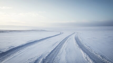 Obraz premium Tire tracks cutting through a vast expanse of snow under a pale sky on a cold winter day scene view