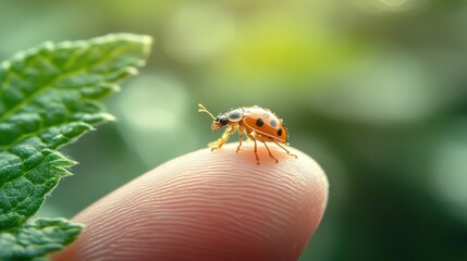 Obraz premium Tiny ladybug on a fingertip