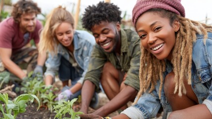 Diverse group of young friends gardening together in sunny outdoor environment, smiling and enjoying hands-on activity