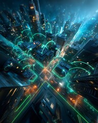 Naklejka premium Aerial view of smart city with glowing IoT connection lines linked traffic lights, buildings, vehicles, and devices, deep blue and green network tones, futuristic city grid