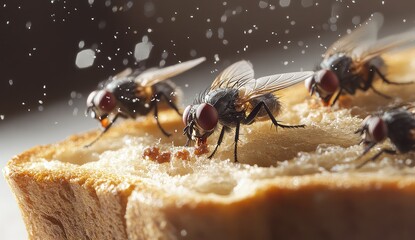 Flies Feeding on Bread Slice.