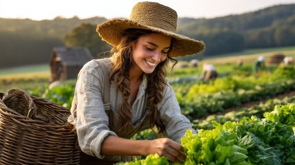 Joyful woman in straw hat harvesting fresh lettuce in vibrant green farm field during sunny day, showcasing agricultural life