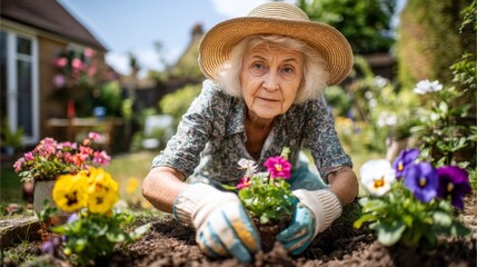 Senior Woman Gardening in Beautiful Backyard with Colorful Flowers on Sunny Day