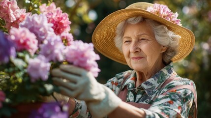 Elderly Woman Tending to Vibrant Pink Flowers in a Sunny Garden, Wearing a Straw Hat and Gardening Gloves