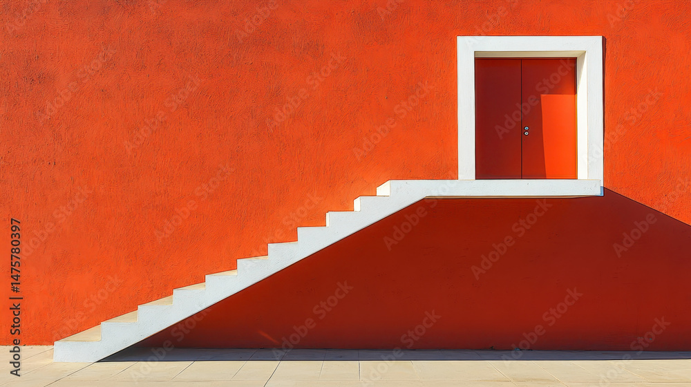 Poster bold geometric architecture with stairs casting deep shadows creating visual depth and highlighting 