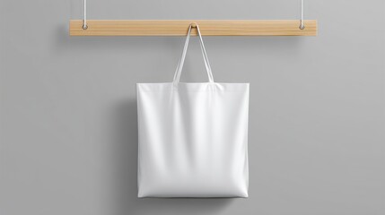 White Empty Tote Bag Hanging on Wooden Hook Mockup for Display