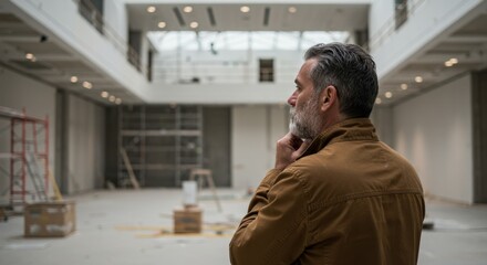 Obraz premium Middle-aged Caucasian man with beard and brown jacket contemplating a large empty building under construction or renovation