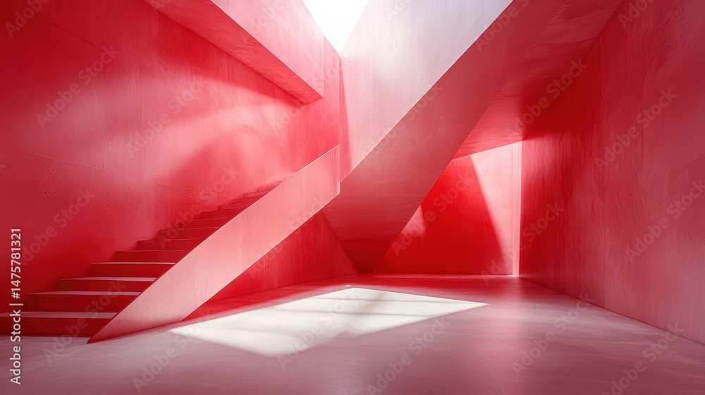 Poster dynamic interplay of abstract shapes formed by shadows in a modern red interior architecture, creati