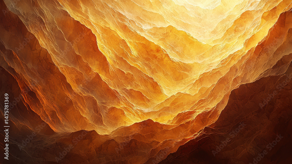 Poster dynamic abstract shapes resembling crumpled paper create a textured, golden landscape with flowing t