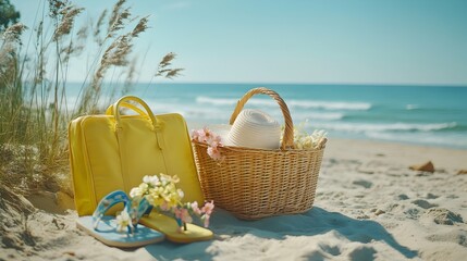 A sunny beach scene features a yellow handbag, wicker picnic basket, summer hat, flip flops, and wildflowers on the sand.