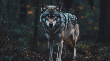 Obraz premium Fierce gray wolf in mysterious dark forest. [Cursed Menagerie] | Howlthorn Ring | haunted growl. Illustration