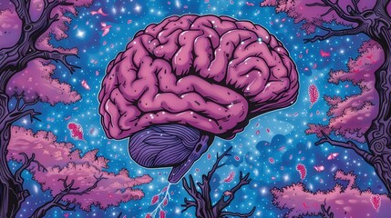 Surreal Visualization of a Brain Surrounded by Colorful Trees and a Starry Sky in Vibrant Shades of Purple, Blue, and Pink