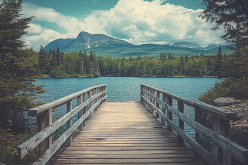 Scenic Lakeside Pier View with Mountain Backdrop and Tranquil Atmosphere